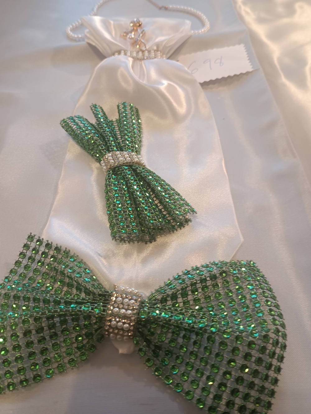 Green Crystal Bow Accent Satin JunkTie Necklace